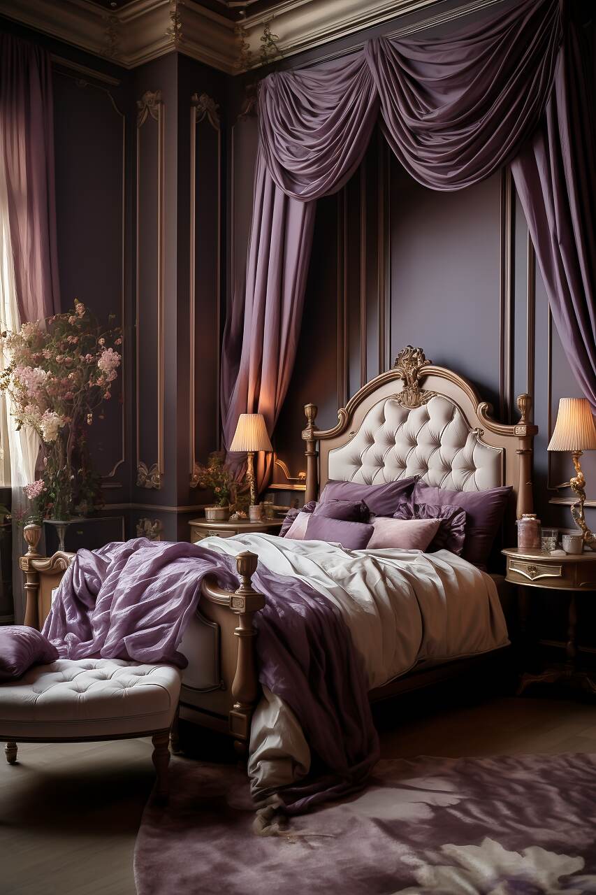A Spacious Traditional Bedroom With A Velvety Violet And Taupe Color Scheme, Featuring Classic Furniture, A Four-Poster Bed With A Plush Blanket, Landscape Art, And Antique Sconces, Creating A Peaceful And Romantic Atmosphere.