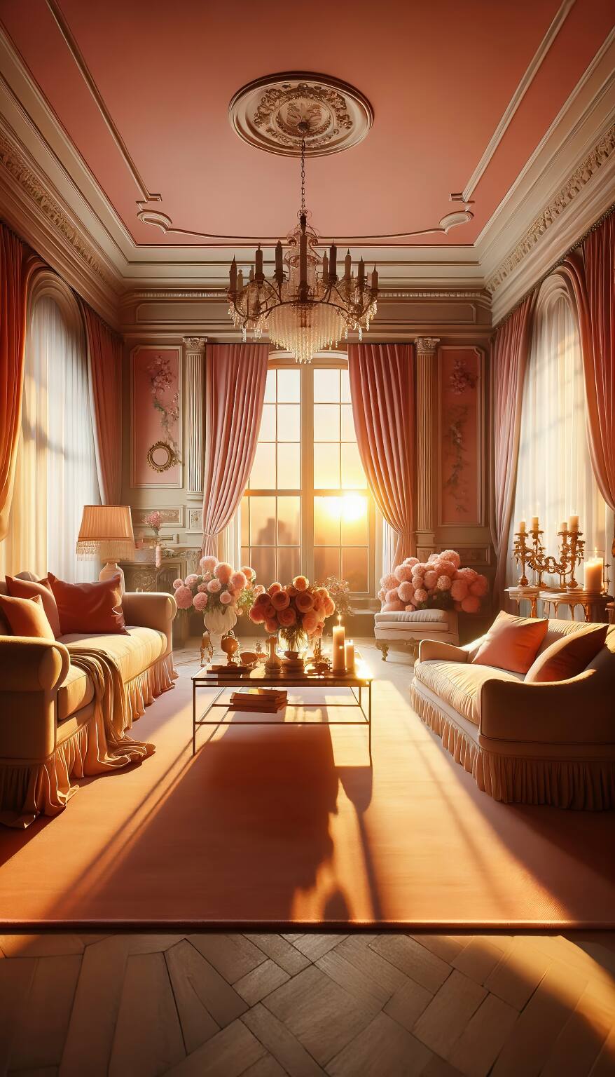 A Romantic Living Room In Warm Coral And Beige Tones, Featuring A Comfortable Sofa, Elegant Armchair, And Chic Coffee Table, Enveloped In A Serene Sunset Ambiance.