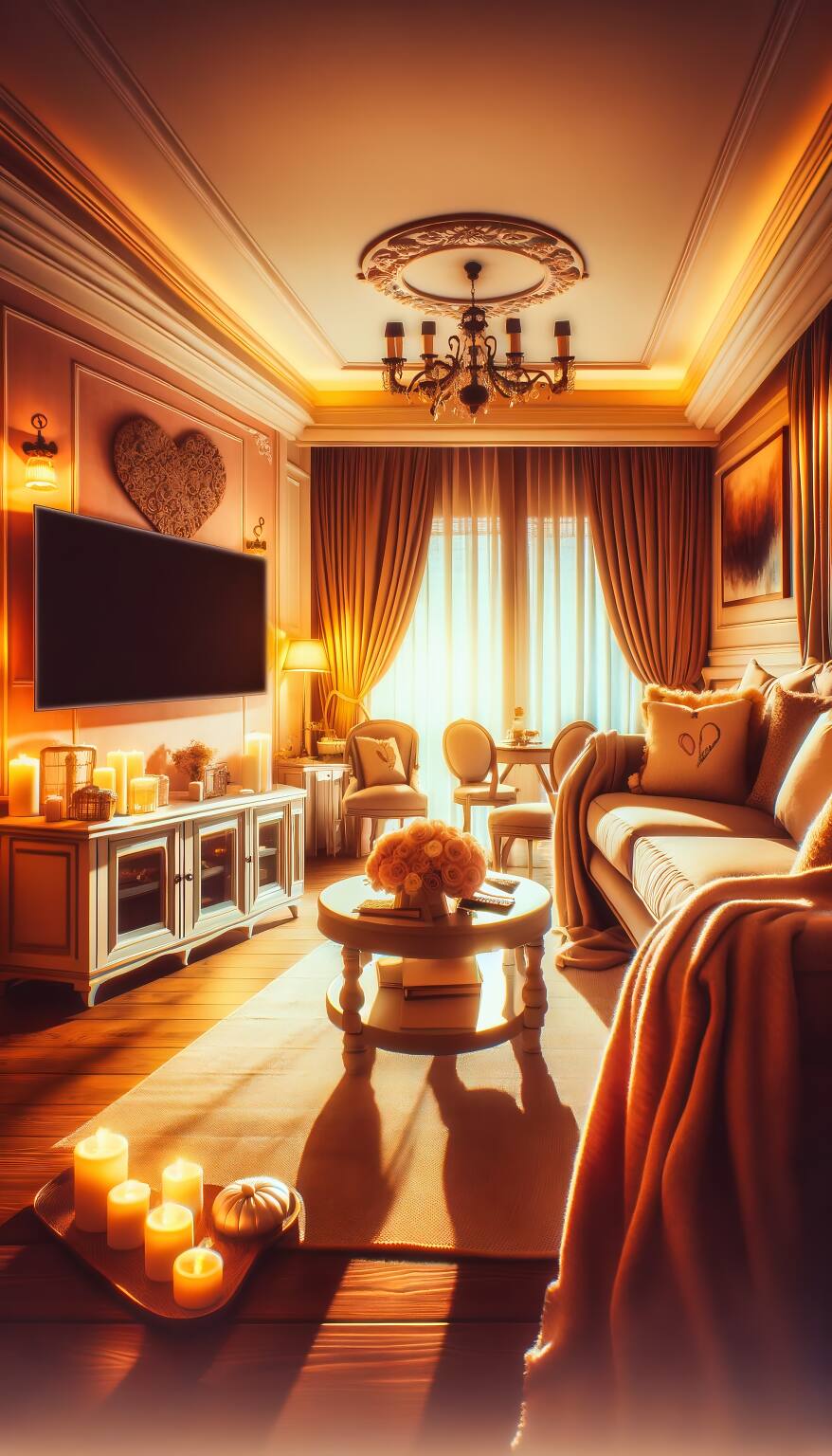 A Romantic Living Room In Warm, Inviting Hues, Featuring A Comfortable Sofa And A Flat-Screen Tv, Creating An Atmosphere Of Relaxed, Cozy Charm.