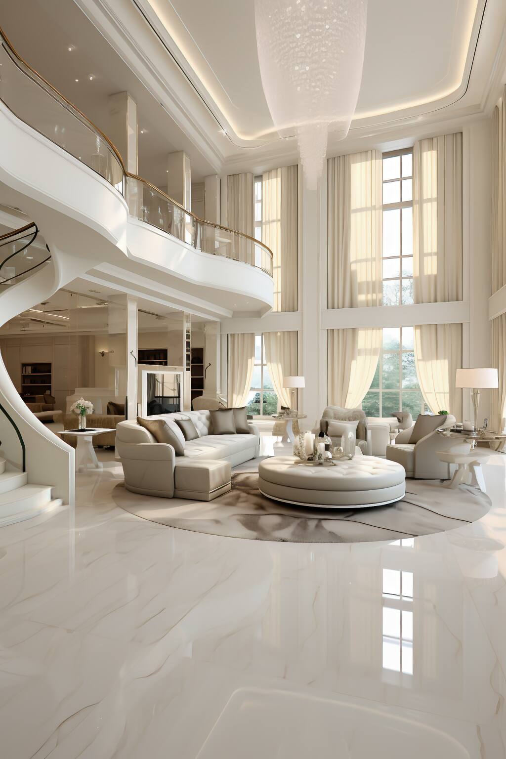 A Luxury Living Room In White And Beige, With A Central Marble Floor That Brings A Timeless Elegance To The Light-Filled, Spacious Interior.