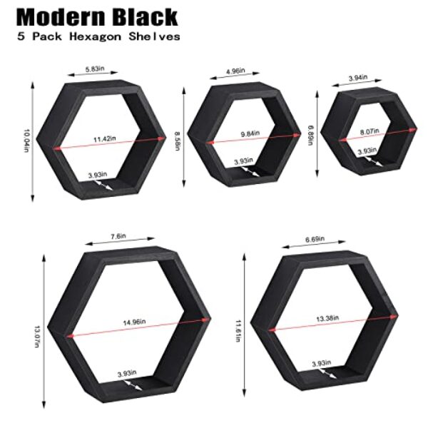 Black Hexagonal Floating Shelves - Set of 5