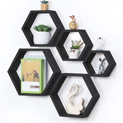 Black Hexagonal Floating Shelves - Set Of 5
