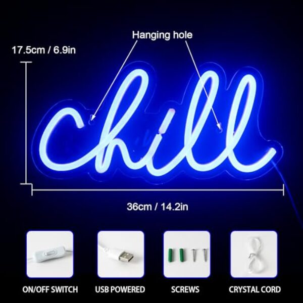 Blue LED Chill Neon Light, Wall Decor, 14x7