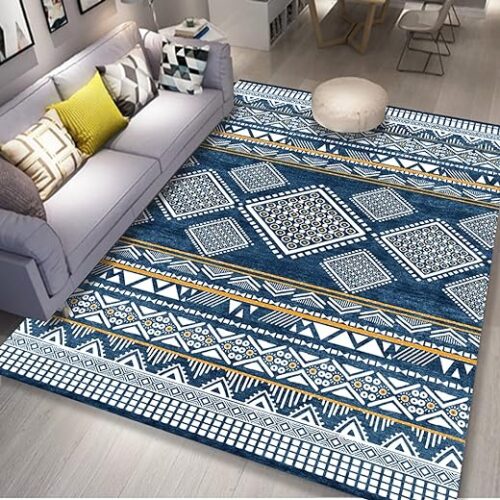 Blue Moroccan Nordic Washable Living Room Rug
