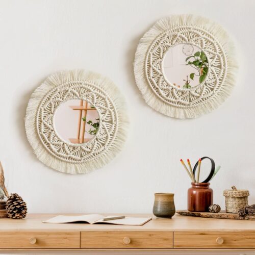 Boho Chic Round Macrame Wall Mirrors Set (2)