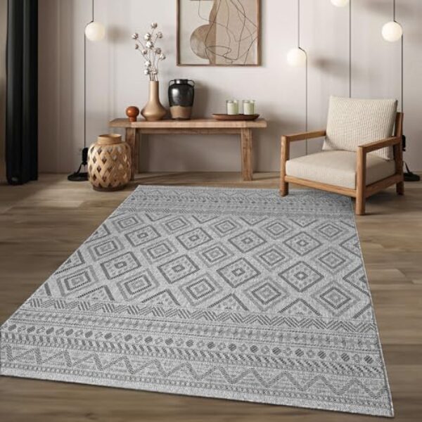 Geometrischer Boho-Teppich für drinnen und draußen - Dunkelgrau, 300x400 cm