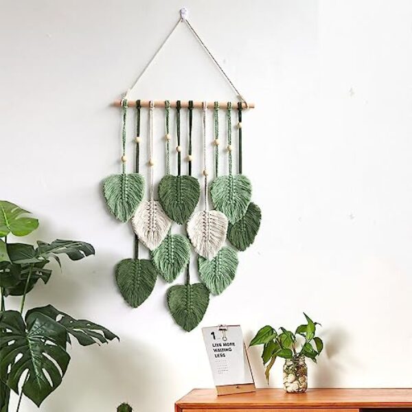 Boho Macrame Wall Hanging with Green Leaves