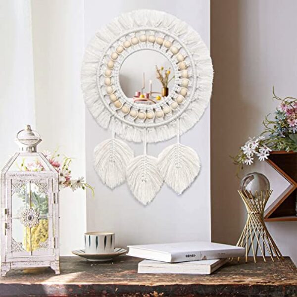 Boho Macrame Wall Mirror with Woven Fringe, Beige