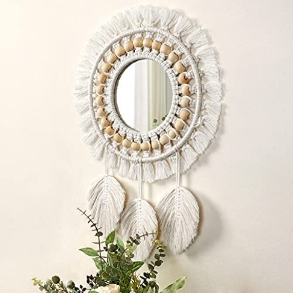 Boho Macrame Wall Mirror with Woven Fringe, Beige