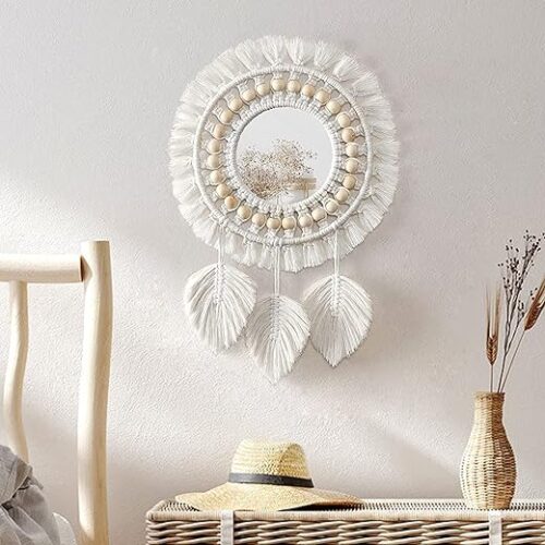 Boho Macrame Wall Mirror With Woven Fringe, Beige