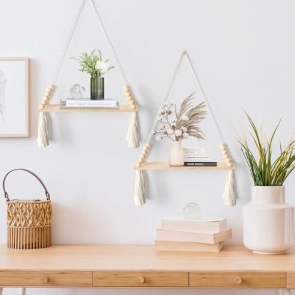 Boho Macrame Wall Shelves, Wooden Hanging, Set of 2