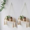 Boho Macrame Wall Shelves, Wooden Hanging, Set of 2
