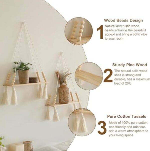 Boho Macrame Wall Shelves, Wooden Hanging, Set of 2