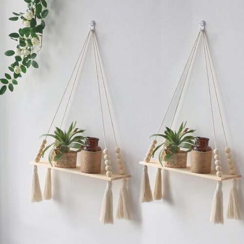 Boho Macrame Wall Shelves, Wooden Hanging, Set Of 2