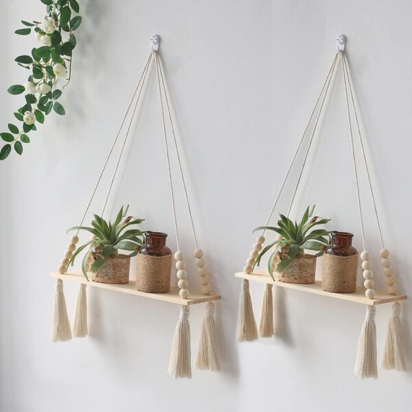 Boho Macrame Wall Shelves, Wooden Hanging, Set of 2
