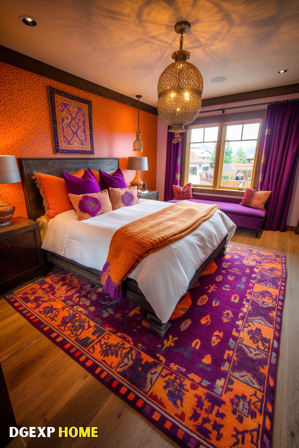 Bold Boho Bedroom With Purple And Orange Accents, Eclectic Decor, And Cozy Textiles.