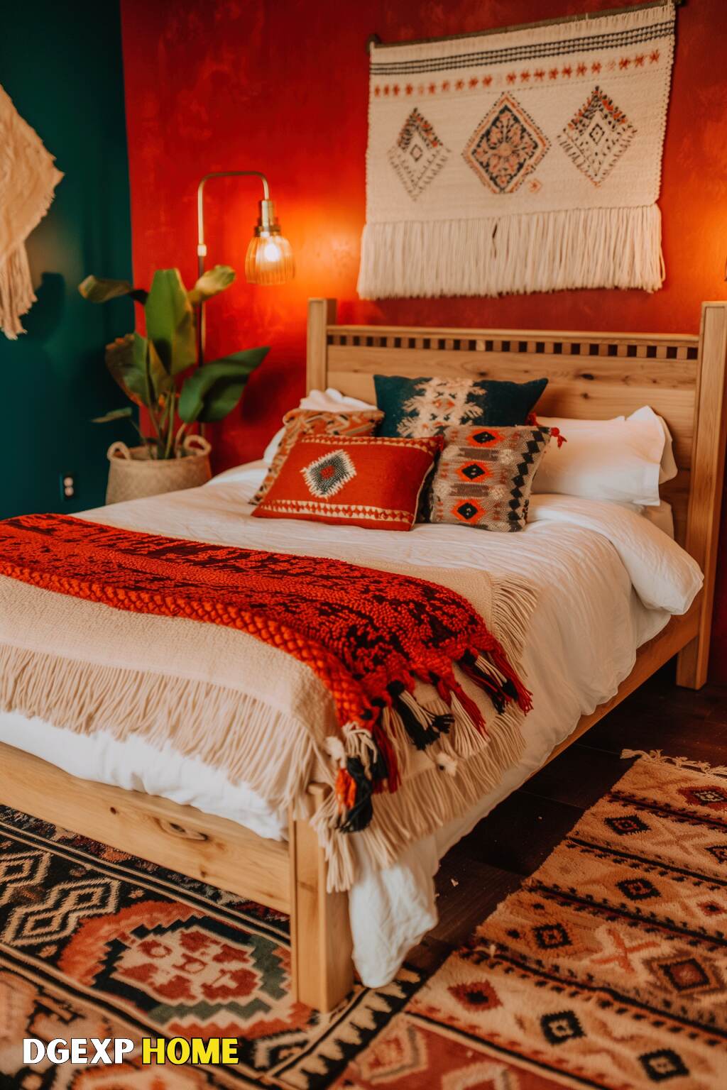 Bold Boho Bedroom With Red Walls, Woven Decor, And Cozy Textiles.