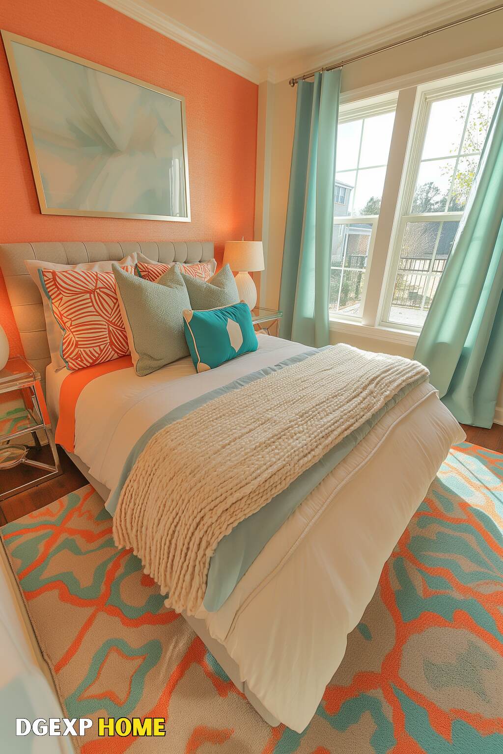 Bright Boho Bedroom With Coral And Teal Accents, Cozy Textiles, And Modern Decor.