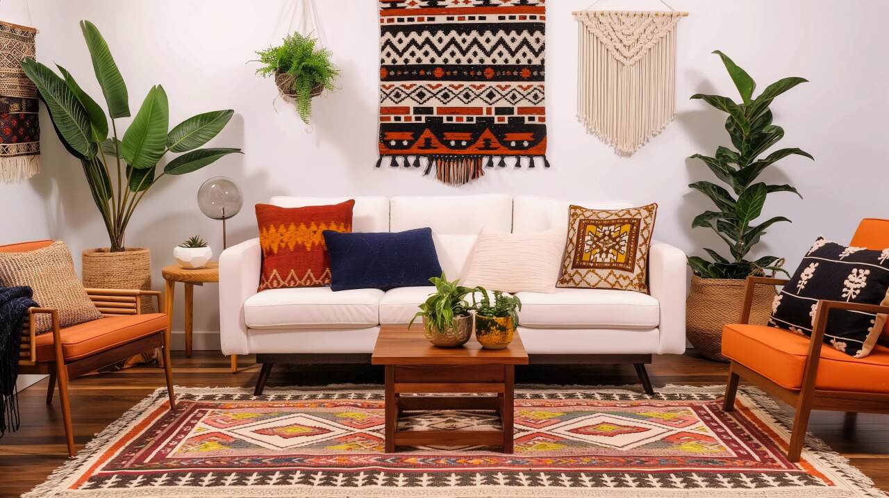 Zeitgenössischer Wohnraum mit modernem Boho-Design