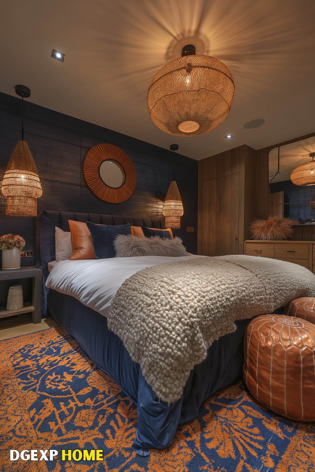Cozy Boho Bedroom With Blue Walls, Orange Accents, And Plush Textiles.