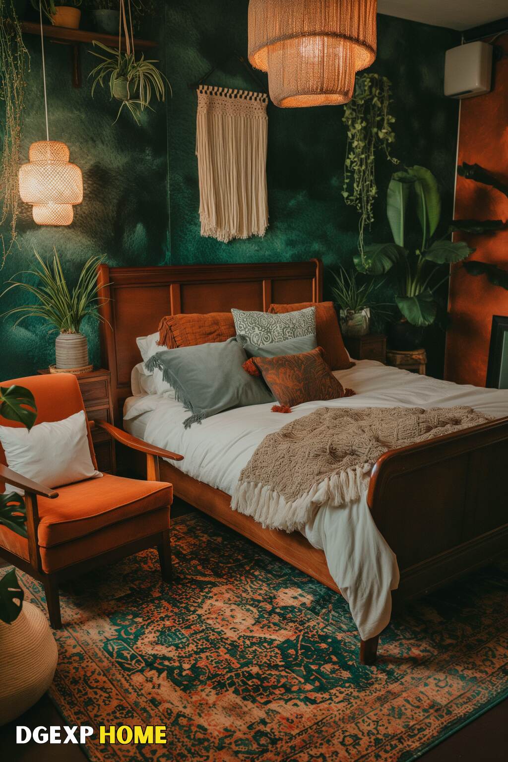 Boho Bedroom With Green Walls, Macrame Decor, And Lush Plants.