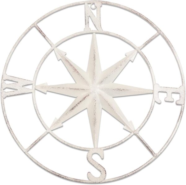 Distressed Metal Compass Wall Hanging - White