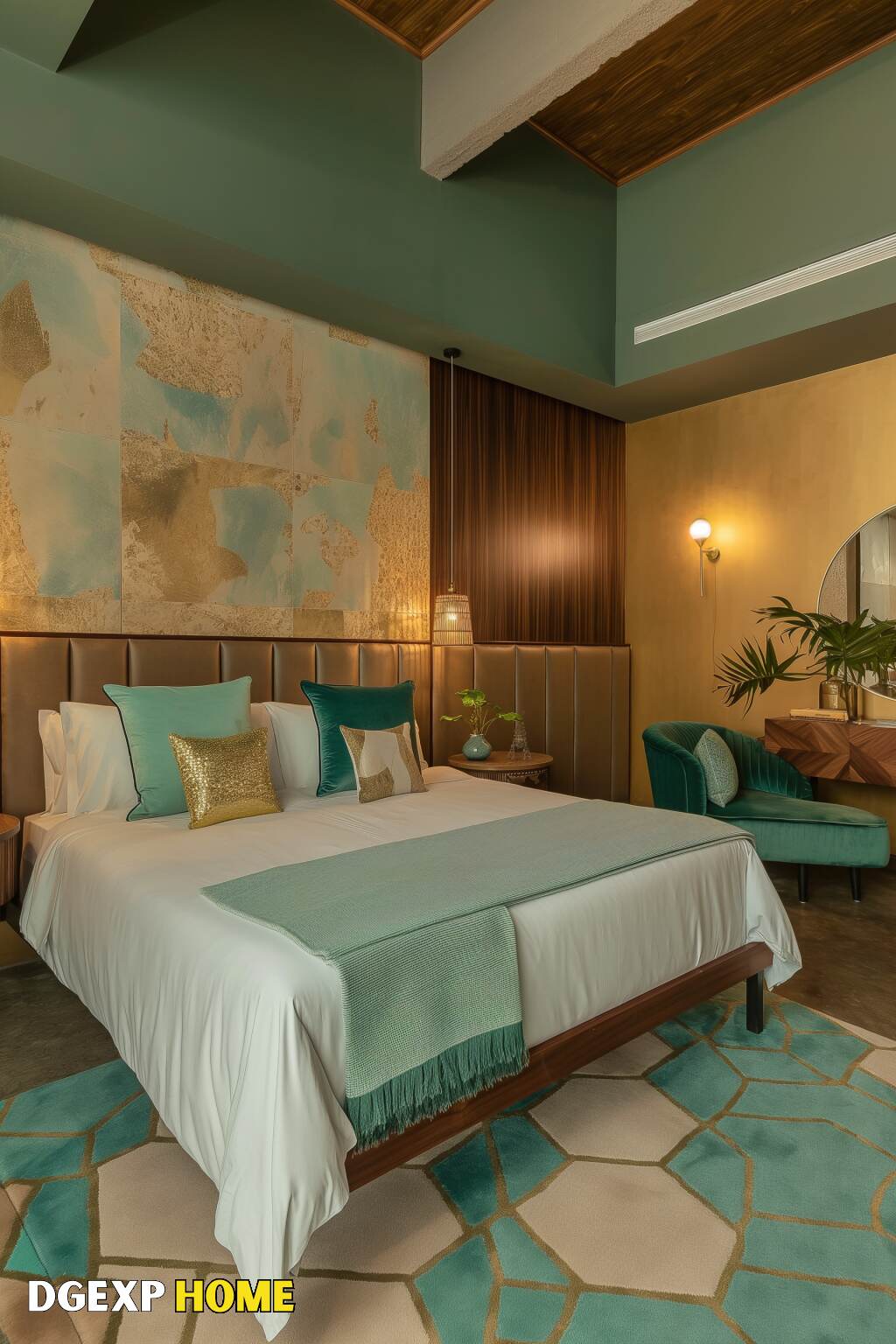 Elegant Boho Bedroom With Teal And Gold Accents, Textured Wall Art, And Luxurious Textiles.