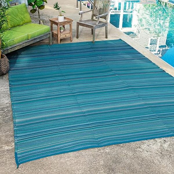 Foldable Reversible Outdoor Rug - Waterproof, Turquoise 108"x144