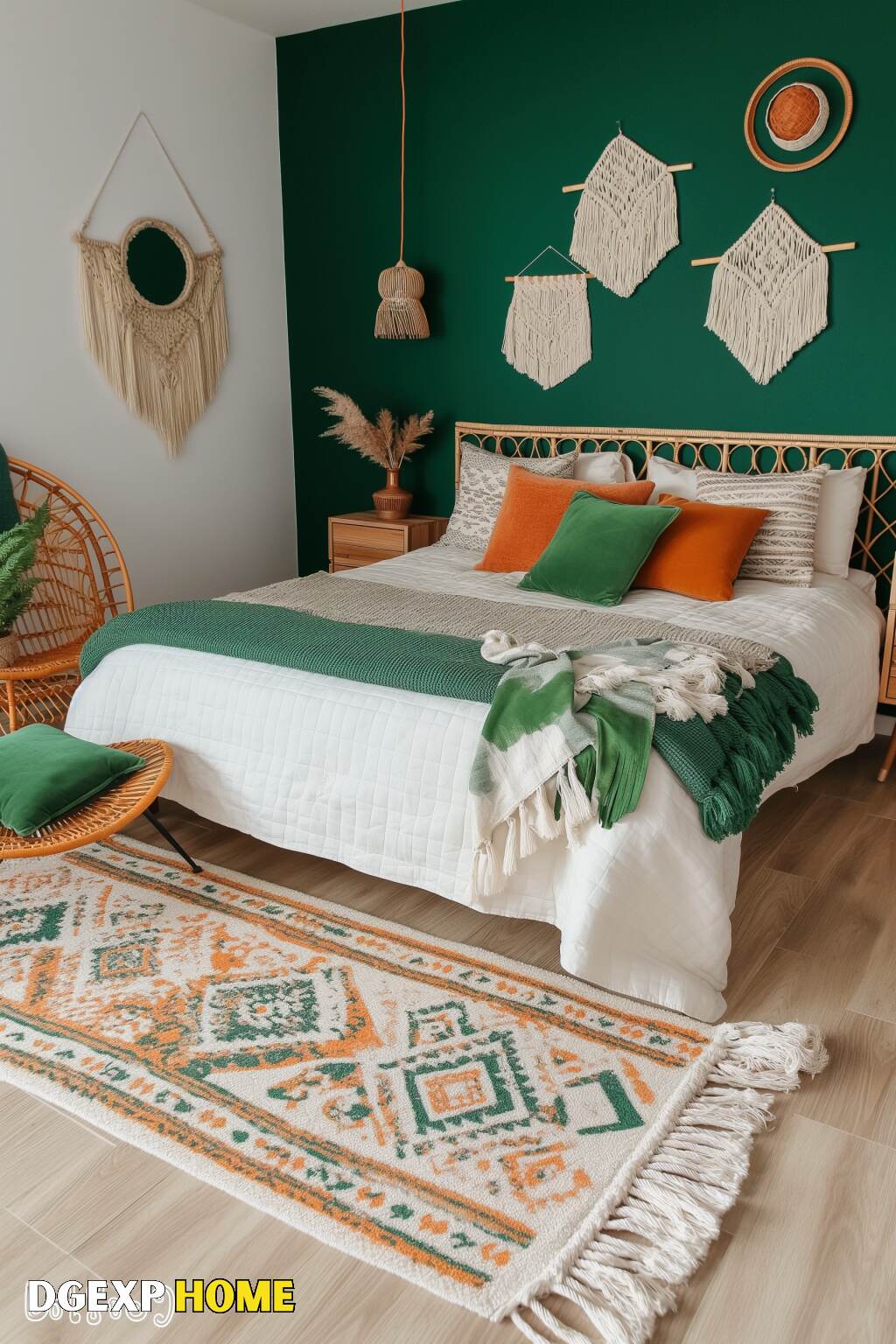 Boho Bedroom With Deep Green And Vibrant Orange Accents, Rattan Furniture, And Cozy Textiles.