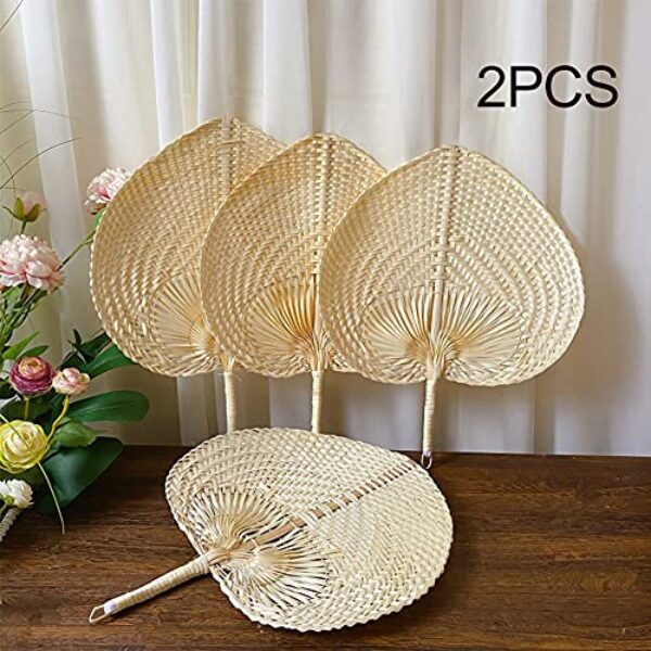 Hand-Woven Bamboo Fans, Natural Peach Design, 2 Pack