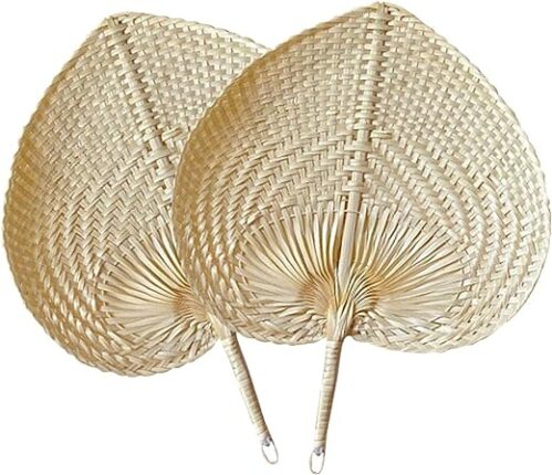 Hand-Woven Bamboo Fans, Natural Peach Design, 2 Pack