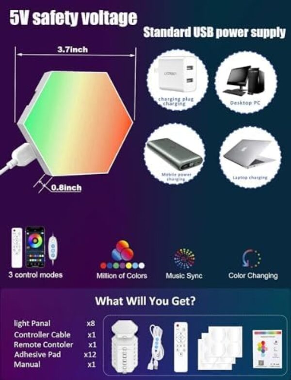 Hexagon RGB LED Gaming Wall Lights - 8 Pack