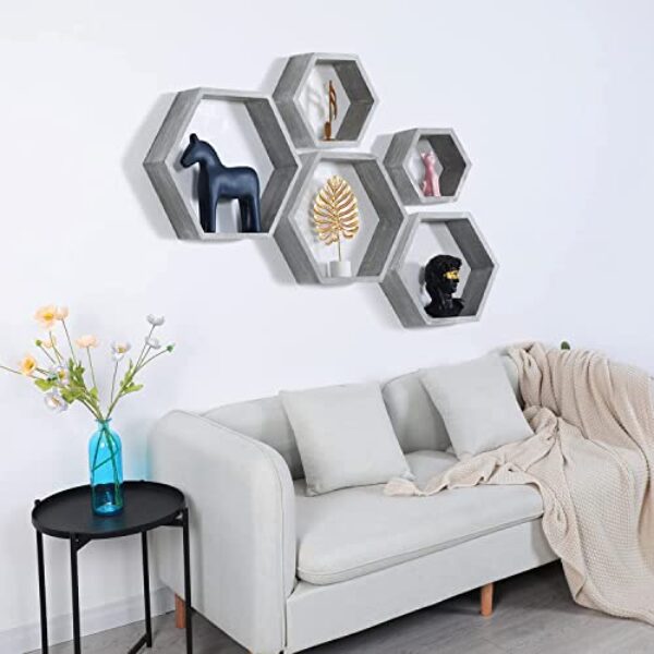 Hexagonal Floating Shelves Set, Driftwood Vintage Grey