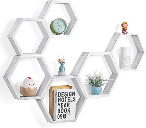 Hexagonal Grey &Amp; White Wall Shelves Set (6 Pieces)