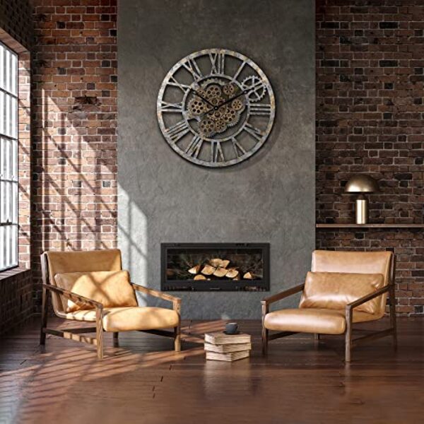 Industrial Steampunk Wooden Wall Clock with Moving Gears, 57cm