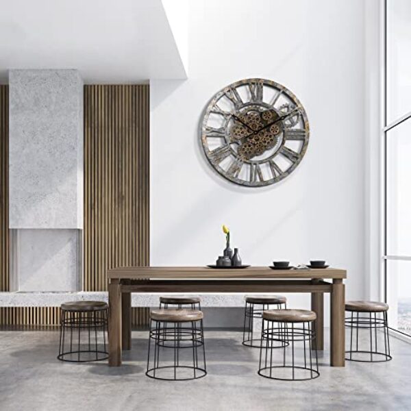 Industrial Steampunk Wooden Wall Clock with Moving Gears, 57cm