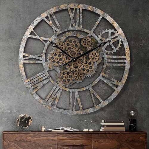 Industrial Steampunk Wooden Wall Clock With Moving Gears, 57Cm