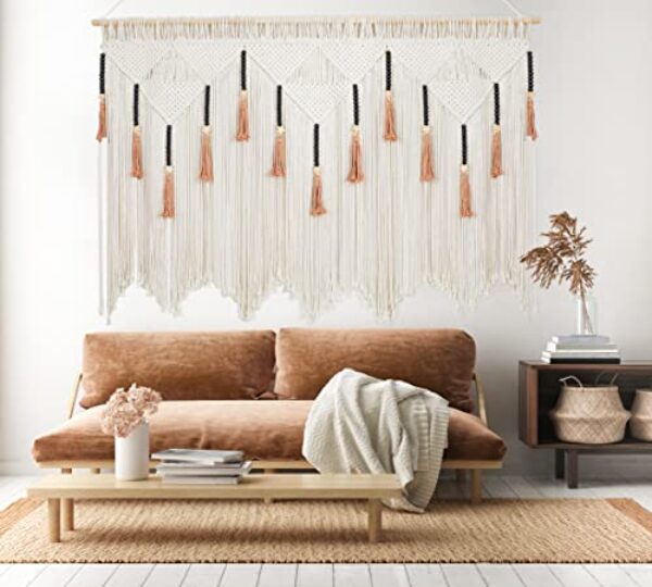 Large Boho Macrame Wall Hanging with Beads, 167x112 cm