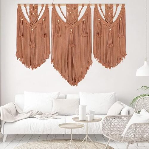 Large Boho Macrame Wall Hanging With Wood Beads (Brown, 43X30)