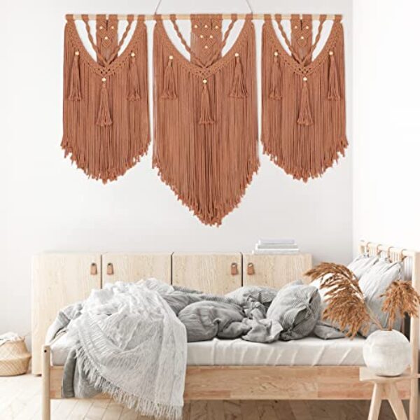 Large Boho Macrame Wall Hanging with Wood Beads (Brown, 43x30)
