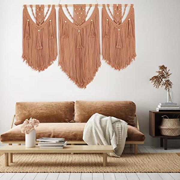 Large Boho Macrame Wall Hanging with Wood Beads (Brown, 43x30)
