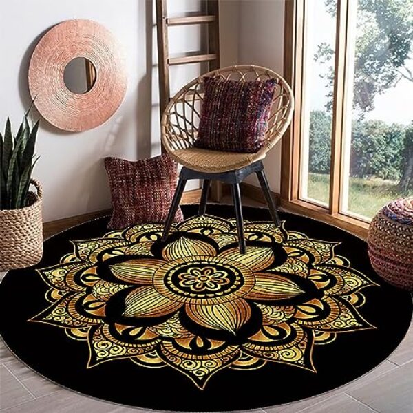 Large Boho Round Rug, Black Gold, Washable, 200cm