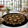 Large Boho Round Rug, Black Gold, Washable, 200cm
