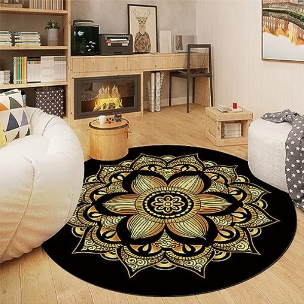 Large Boho Round Rug, Black Gold, Washable, 200cm