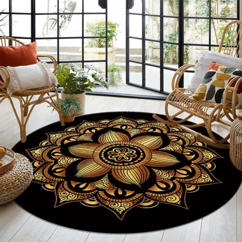 Large Boho Round Rug, Black Gold, Washable, 200Cm