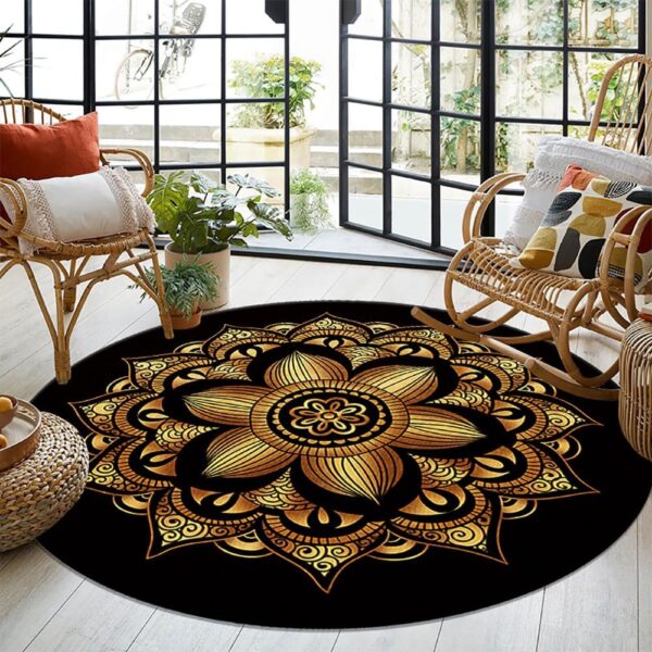 Large Boho Round Rug, Black Gold, Washable, 200cm