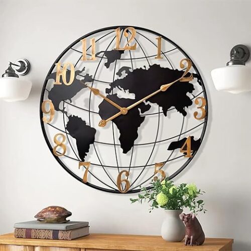 Large Minimalist Metal World Map Clock