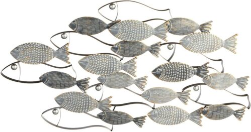 Metal Fish School Wall Decor - Gray/Gold, 90X48 Cm