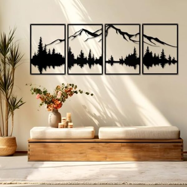 Minimalistisches Wandkunst-Set aus Metall: Berge und Wald (112x40 cm)