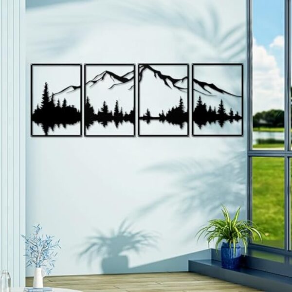 Minimalistisches Wandkunst-Set aus Metall: Berge und Wald (112x40 cm)